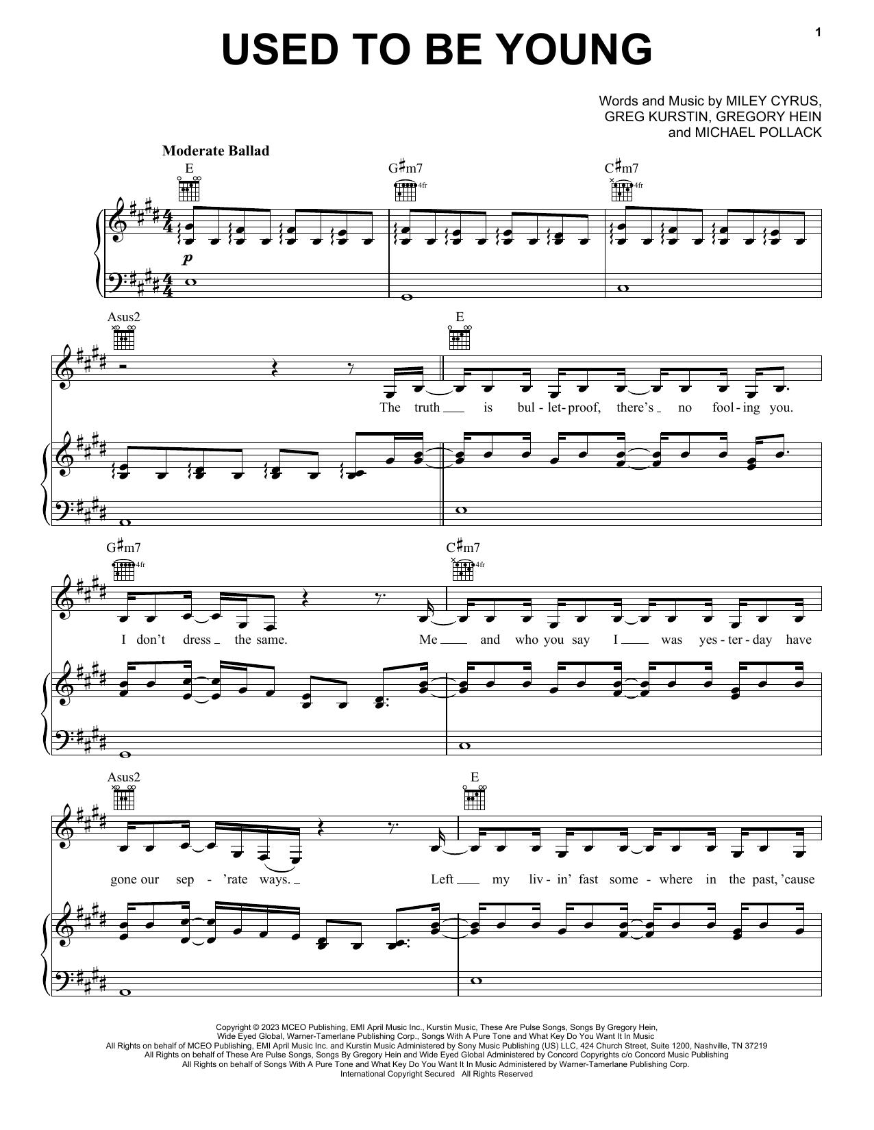 Download Miley Cyrus Used To Be Young Sheet Music