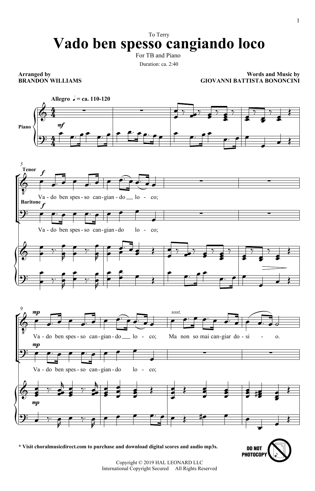 Download Giovanni Battista Bononcini Vado Ben Spesso Cangiando Loco (arr. Br Sheet Music