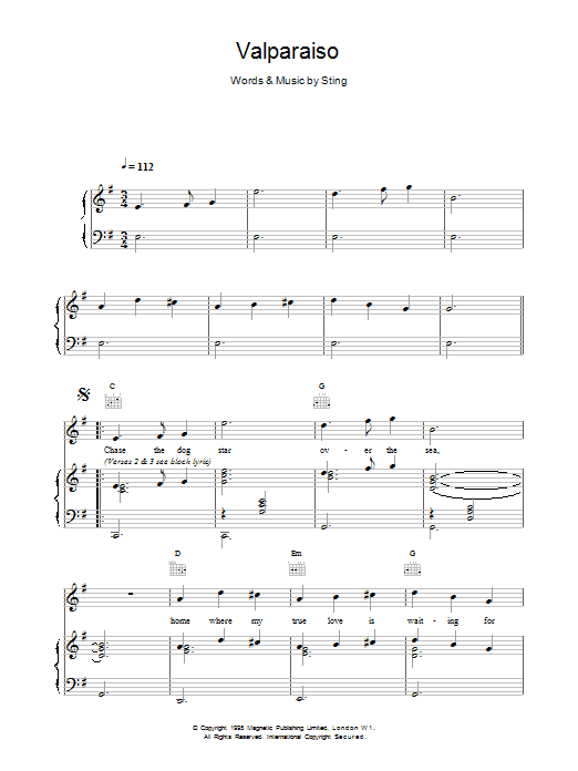 Sting Valparaiso sheet music notes printable PDF score