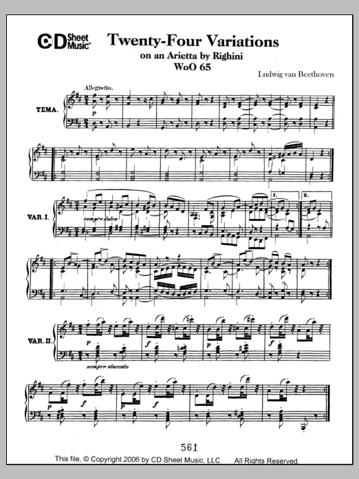 Download Ludwig van Beethoven Variations (24) On An Arietta By Righin Sheet Music