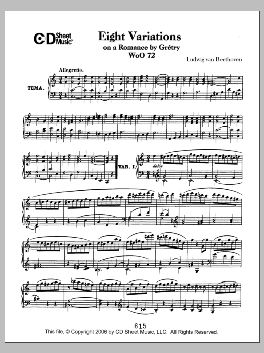 Download Ludwig van Beethoven Variations (8) On A Romance By Gretry, Sheet Music