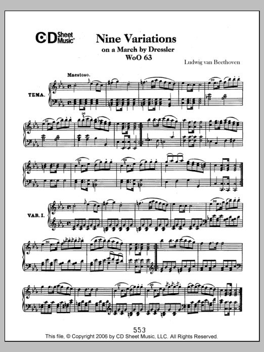 Download Ludwig van Beethoven Variations (9) On A March By Dressler, Sheet Music