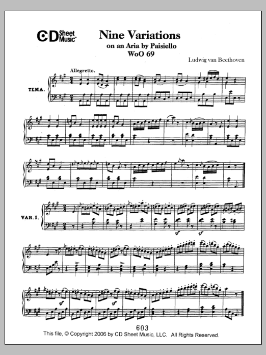 Download Ludwig van Beethoven Variations (9) On An Aria By Paisiello, Sheet Music