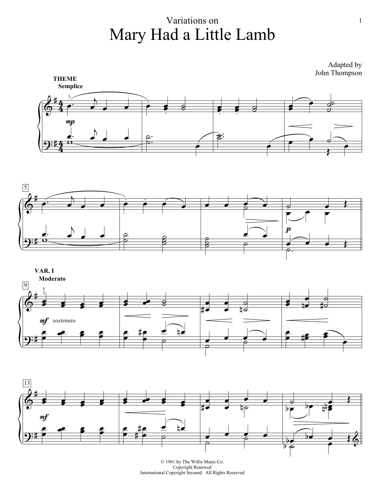 Download John Thompson Variations On Mary Had A Little Lamb Sheet Music