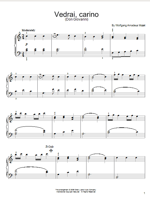 Wolfgang Amadeus Mozart Vedrai, Carino sheet music notes printable PDF score