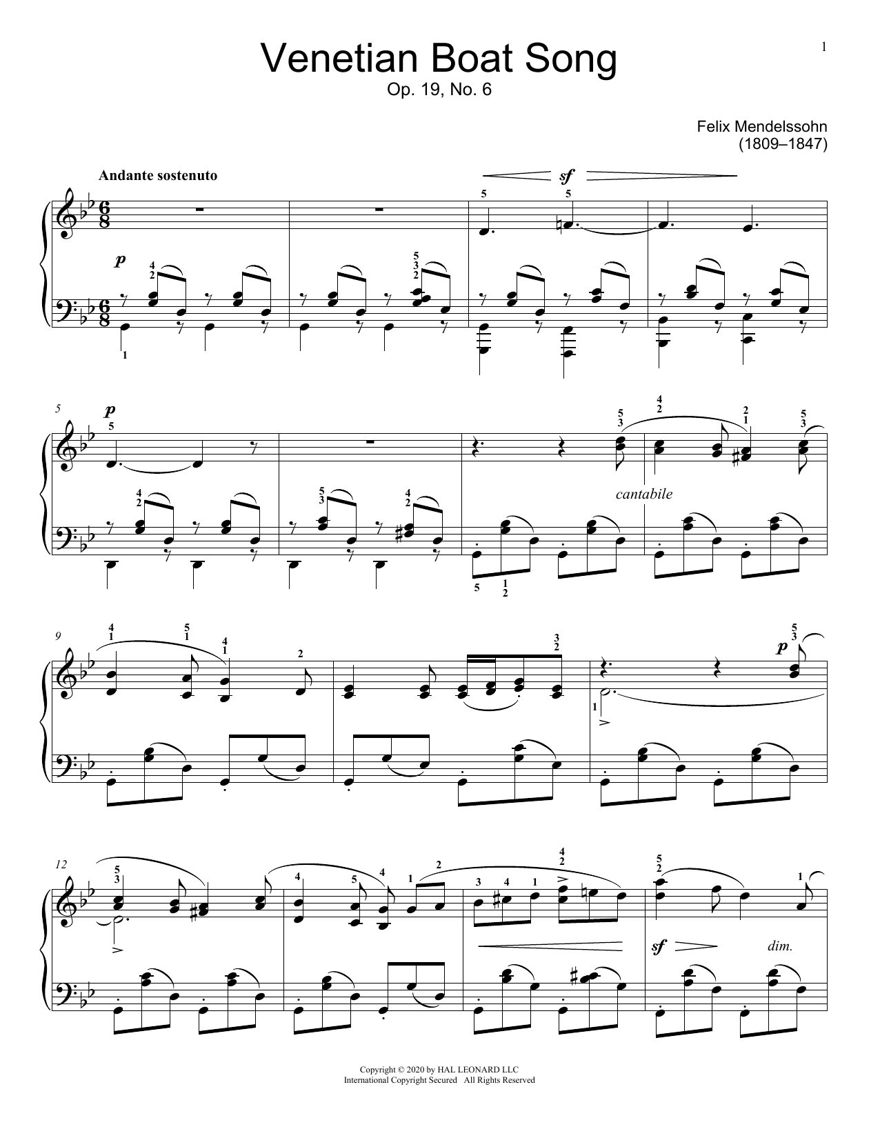 Download Felix Mendelssohn Venetian Boat Song, Op. 19, No. 6 Sheet Music