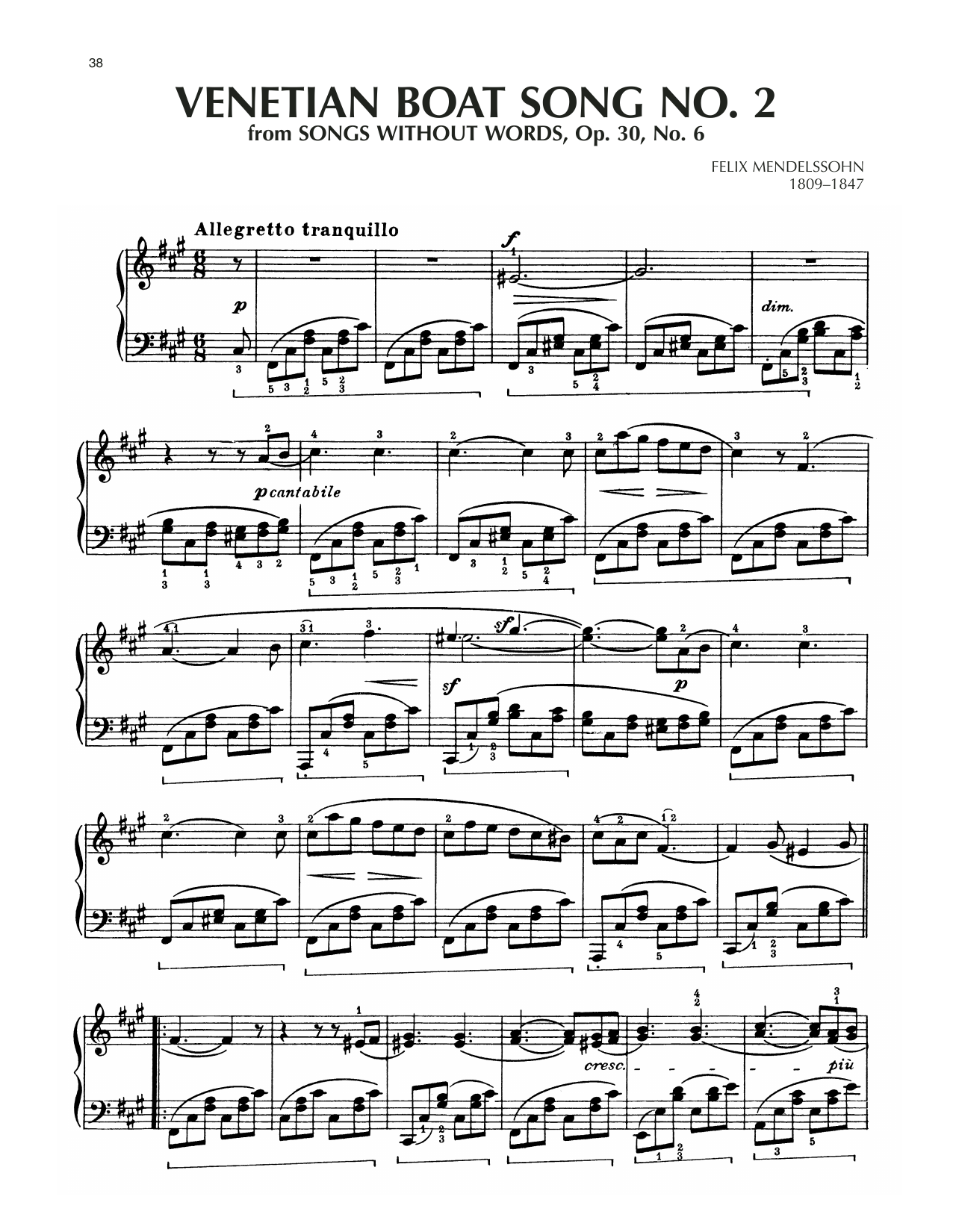Download Felix Mendelssohn Venetian Boat Song, Op. 30, No. 6 Sheet Music
