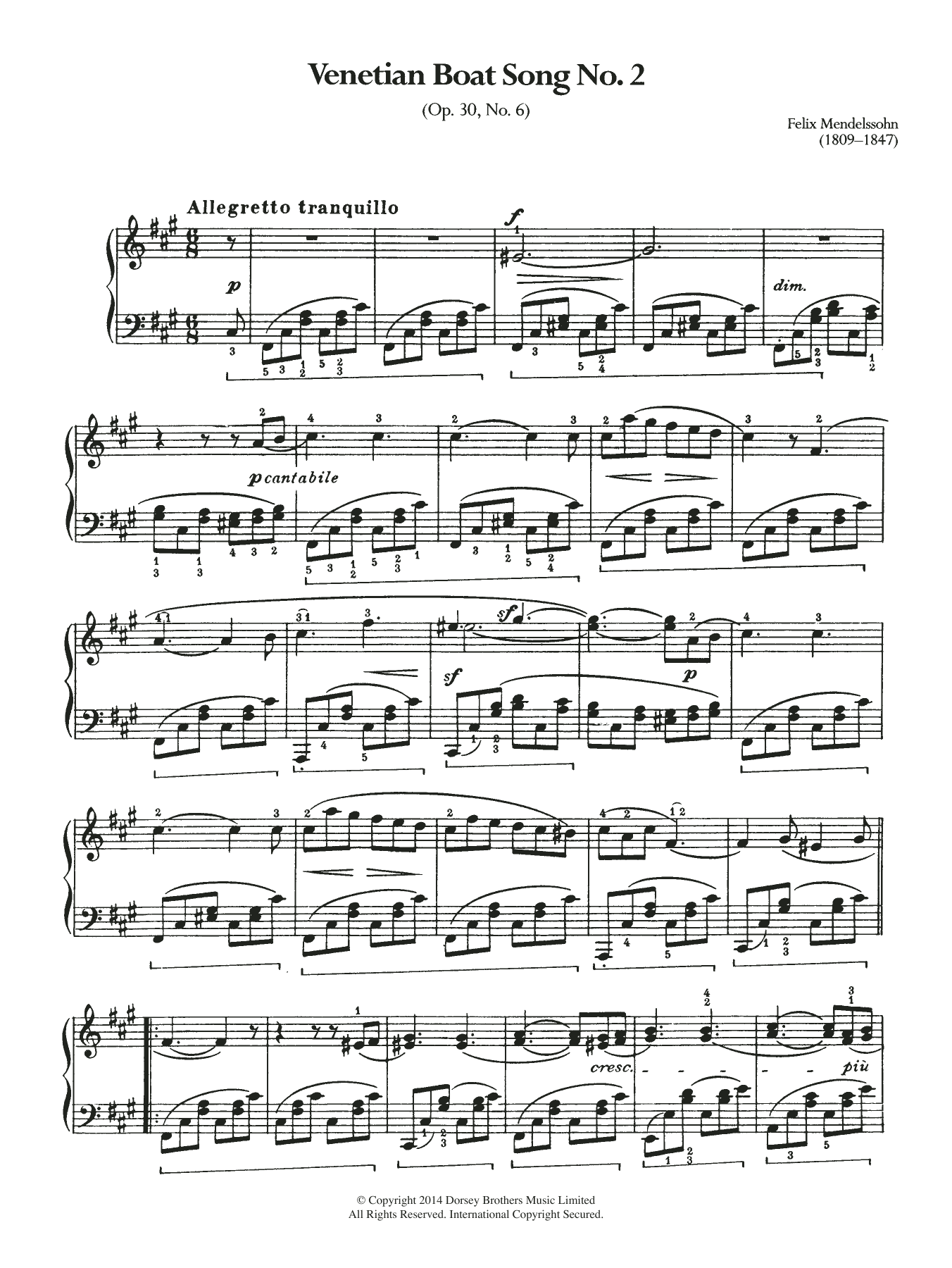 Download Felix Mendelssohn Venetian Boat Song No.2 Sheet Music