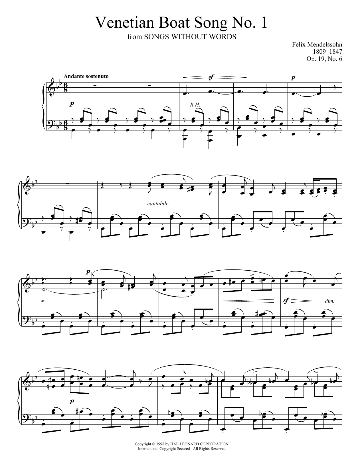 Download Felix Mendelssohn Venetian Boat Song No. 1, Op. 19, No. 6 Sheet Music