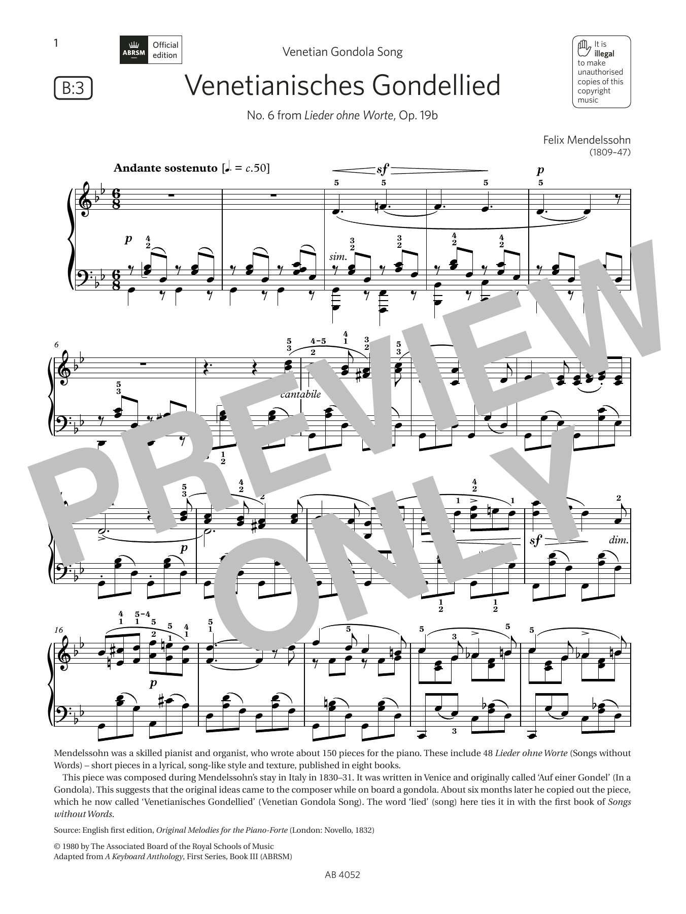 Download Felix Mendelssohn Venetianisches Gondellied (Grade 6, lis Sheet Music