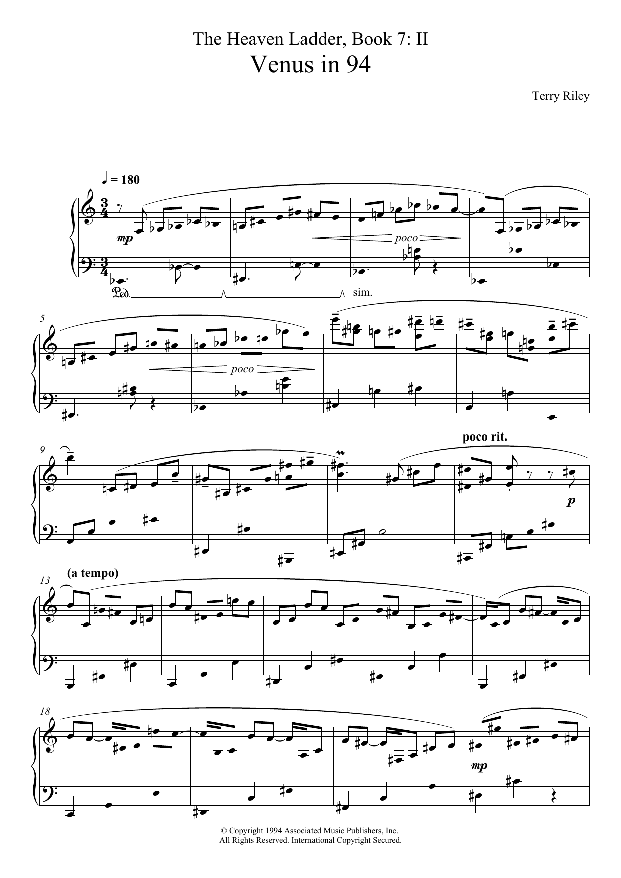 Download Terry Riley Venus In 94 (No.2 From The Heaven Ladde Sheet Music