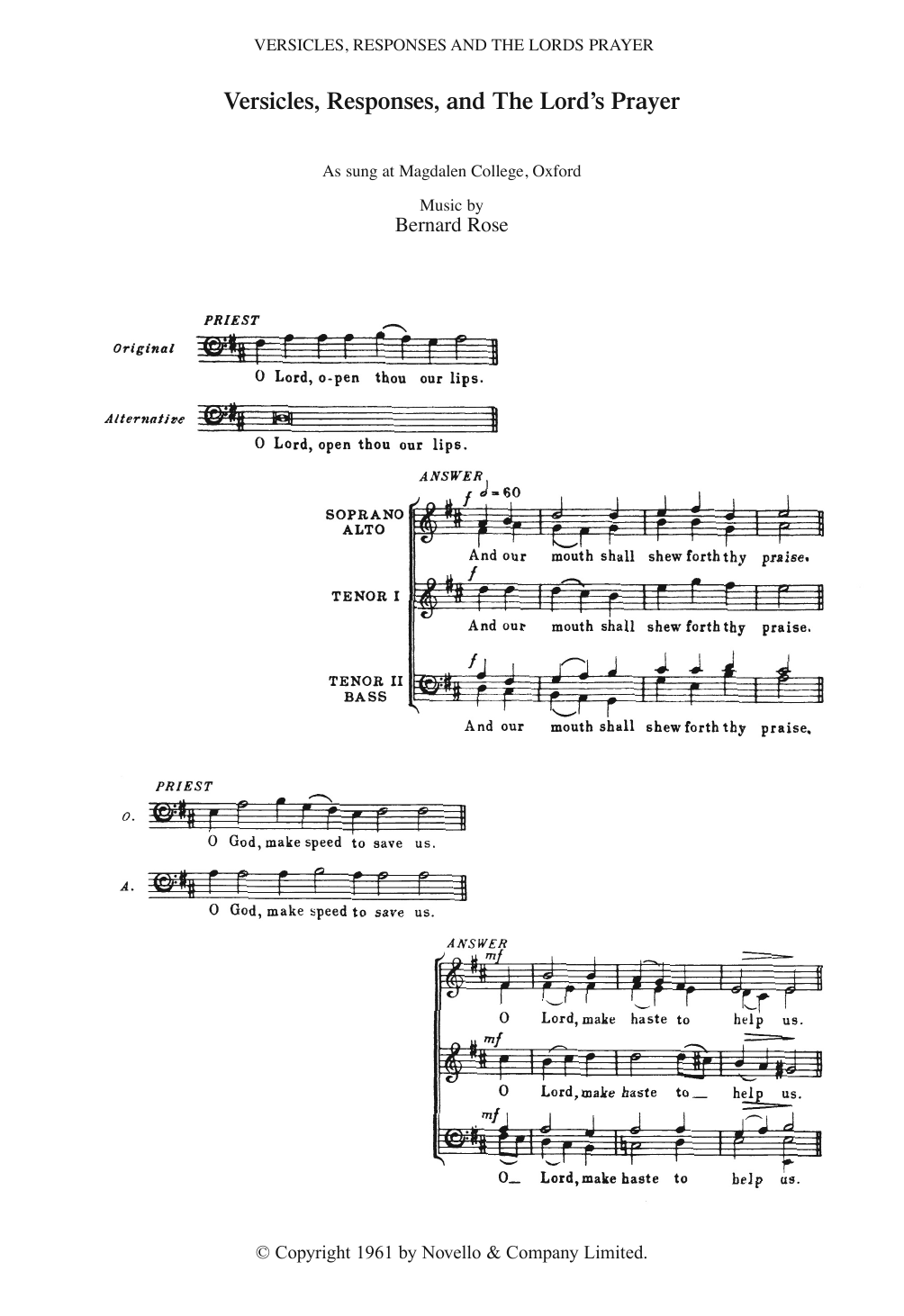 Download Bernard Rose Versicles, Responses And The Lord's Pra Sheet Music