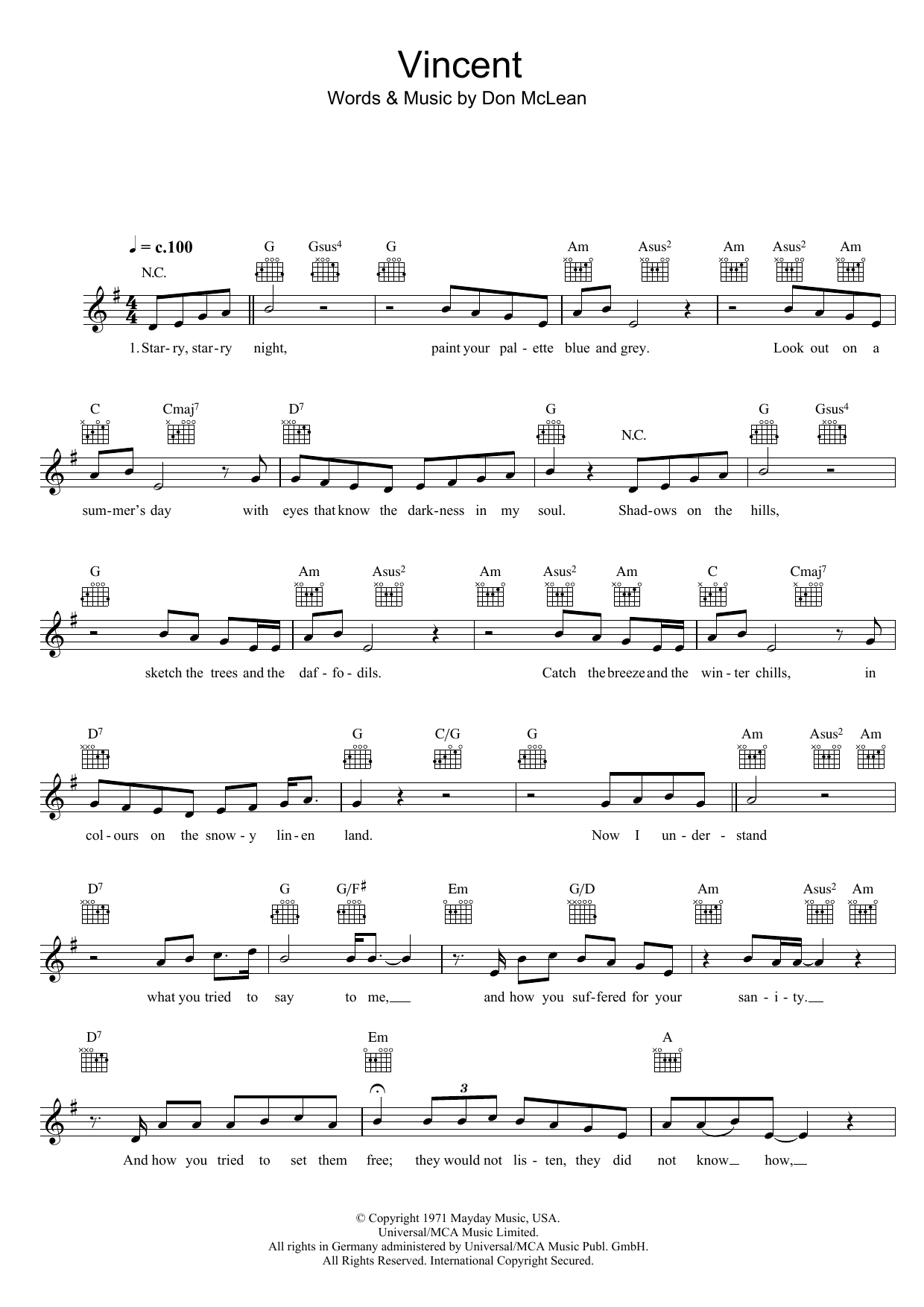 Download Don McLean Vincent (Starry Starry Night) Sheet Music