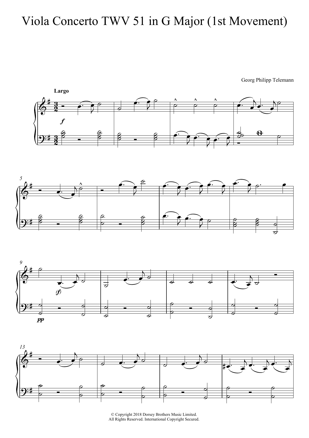 Download Georg Philipp Telemann Viola Concerto TWV 51 In G Major Sheet Music
