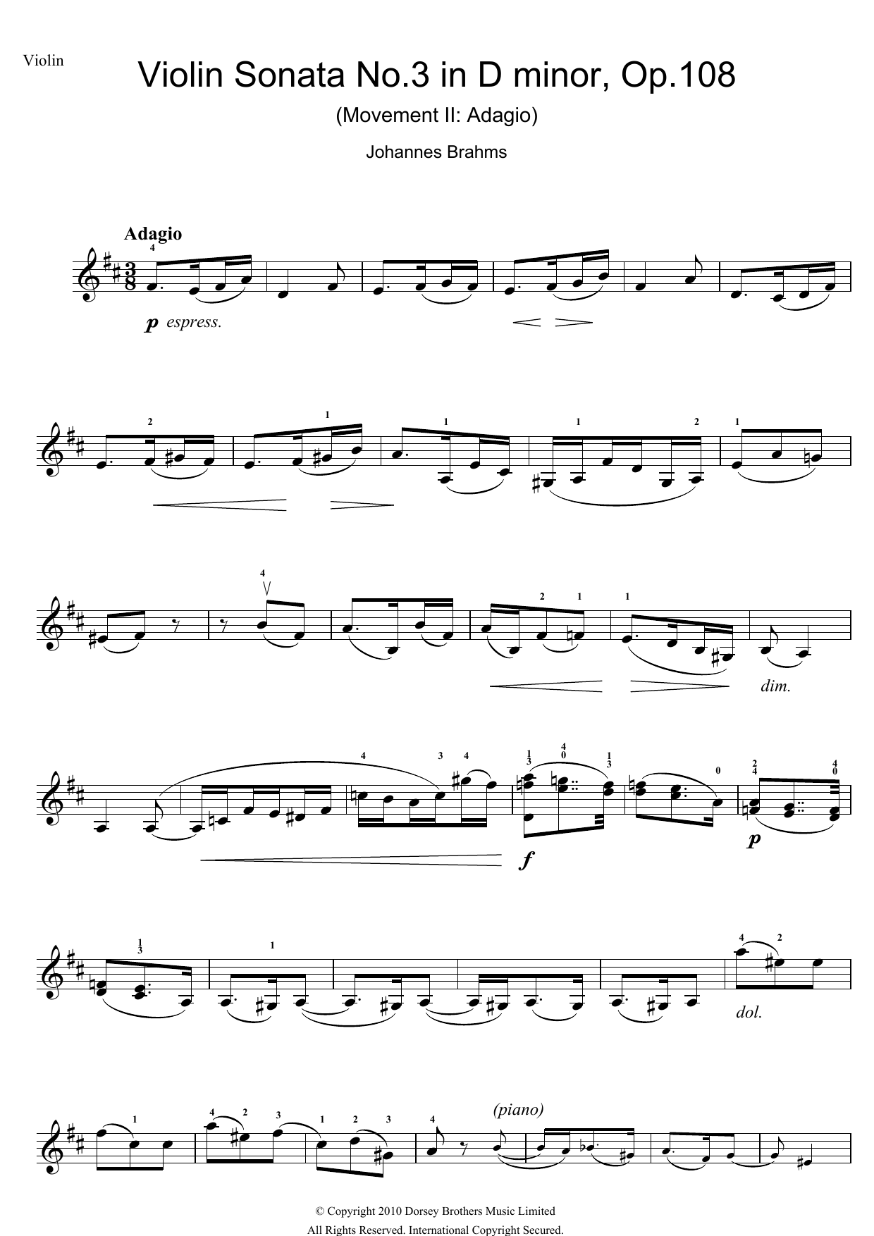 Download Johannes Brahms Violin Sonata, Op. 108 No. 3 (2nd Movem Sheet Music