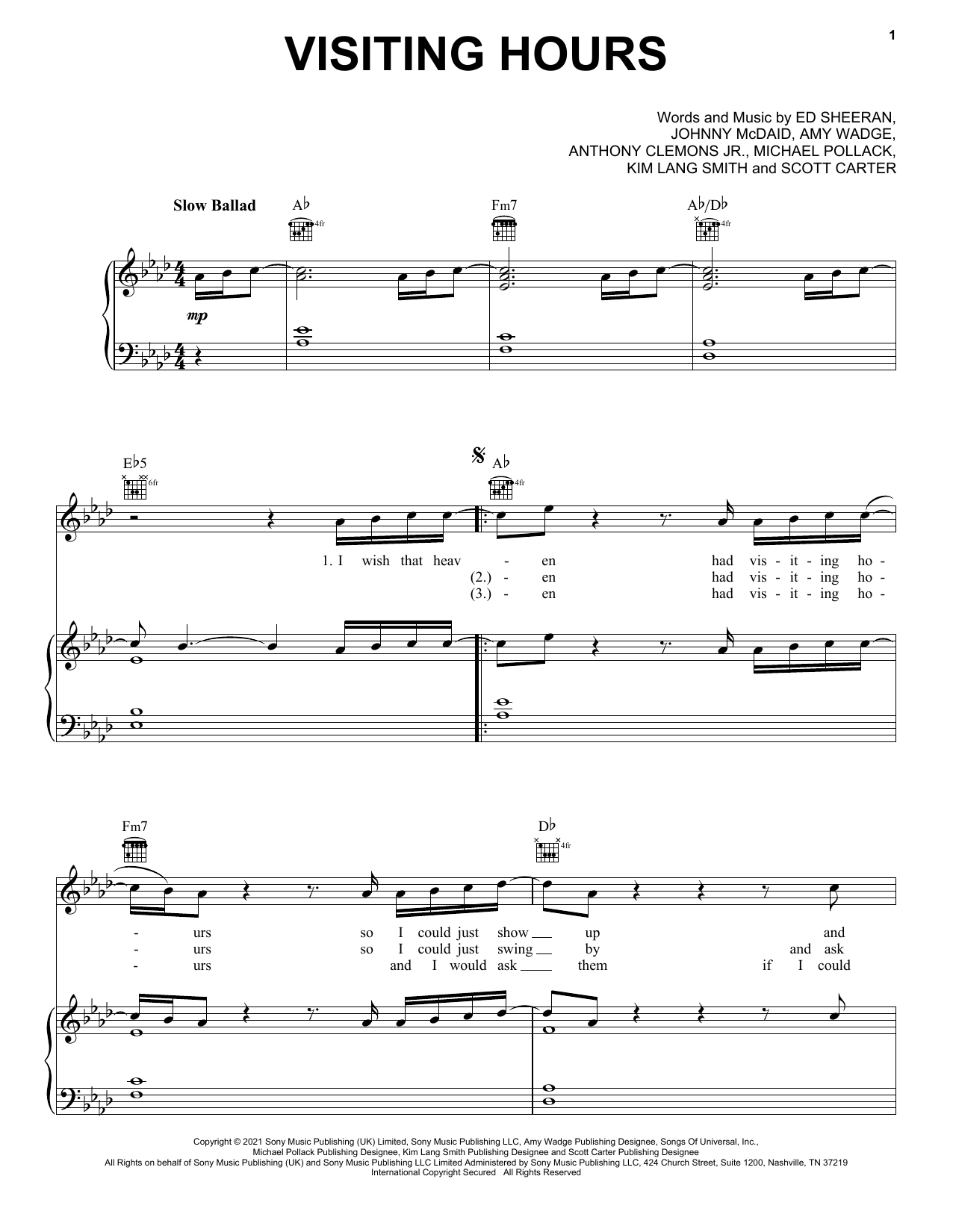 Ed Sheeran Visiting Hours sheet music notes printable PDF score