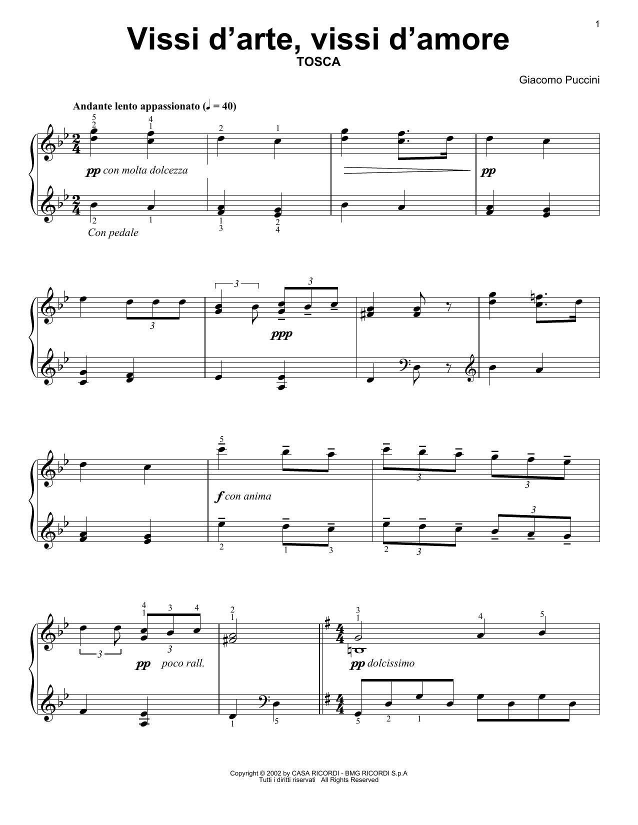 Giacomo Puccini Vissi D'Arte, Vissi D'Amore sheet music notes printable PDF score