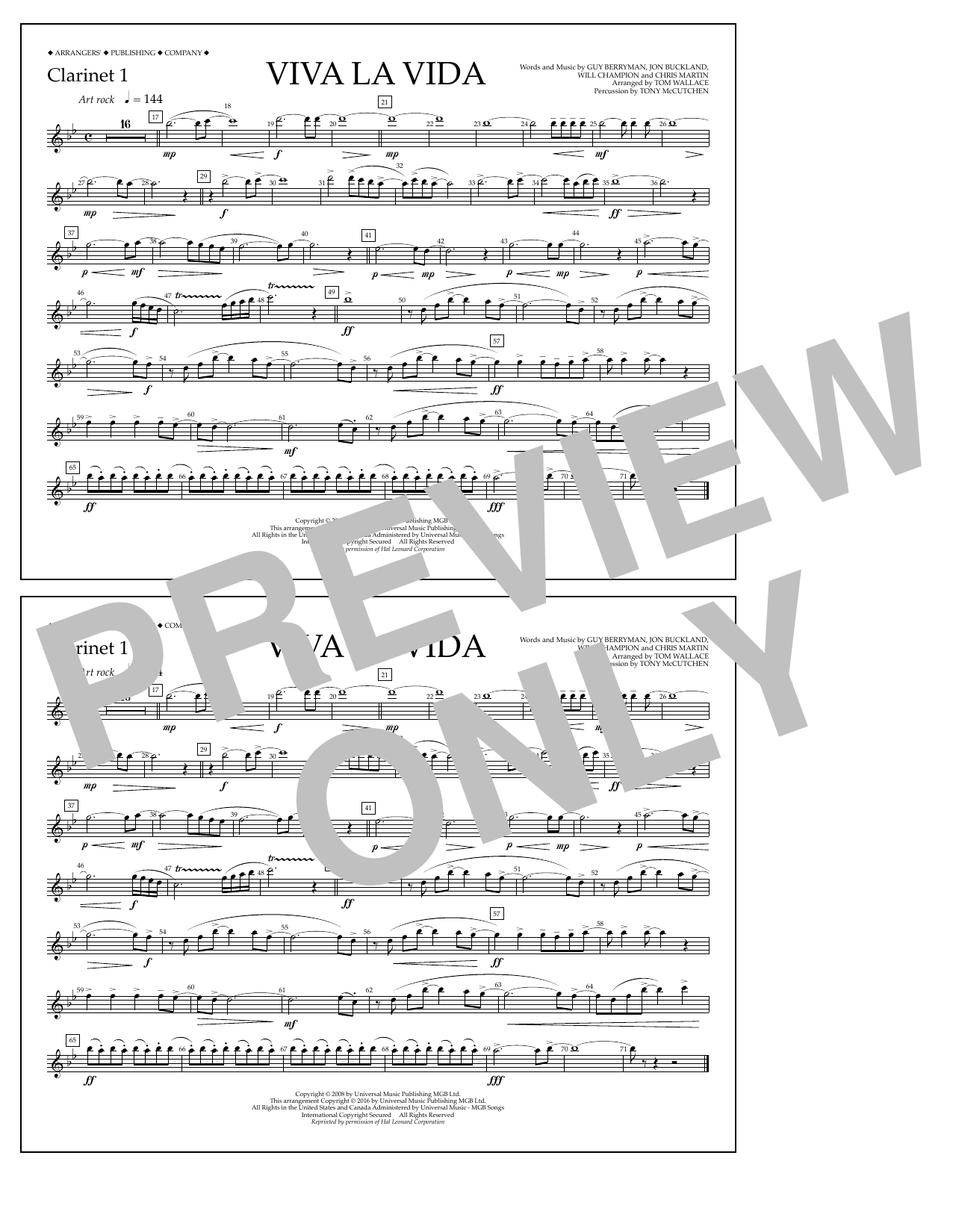 Download Tom Wallace Viva La Vida - Clarinet 1 Sheet Music