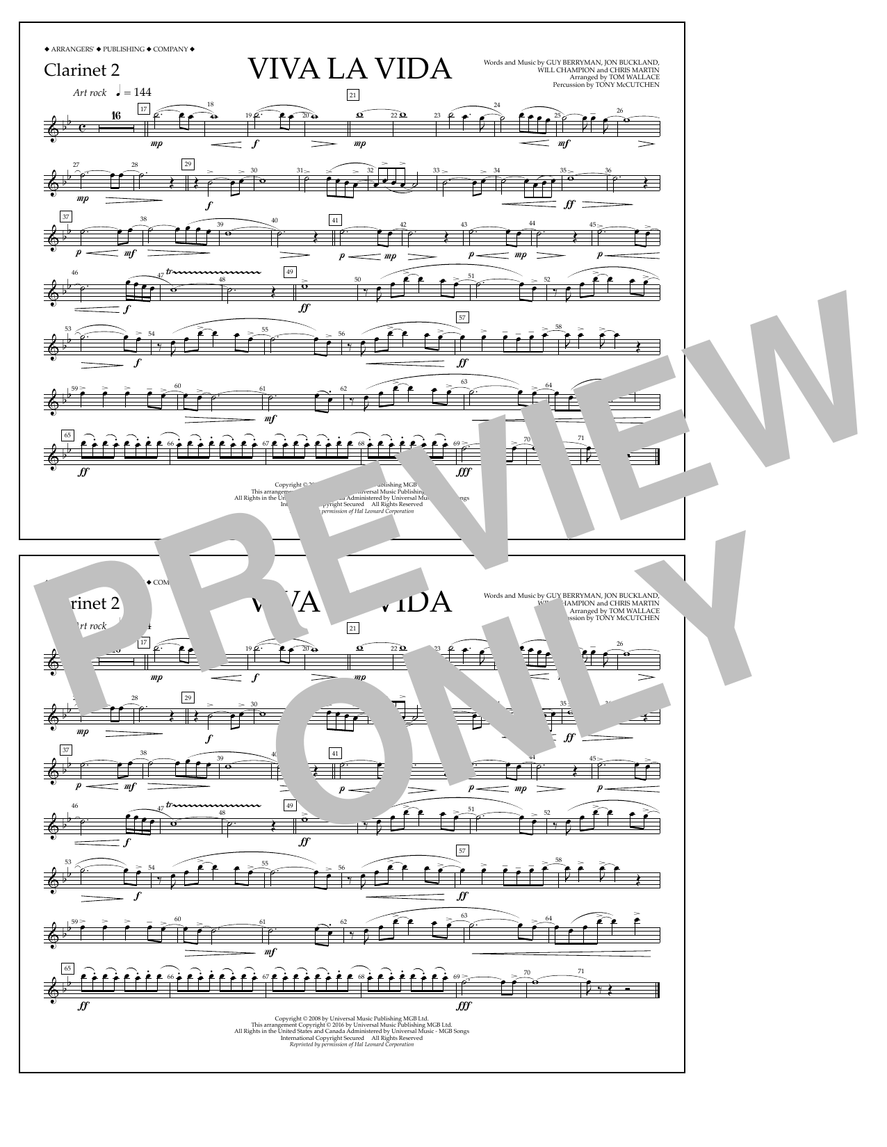 Download Tom Wallace Viva La Vida - Clarinet 2 Sheet Music