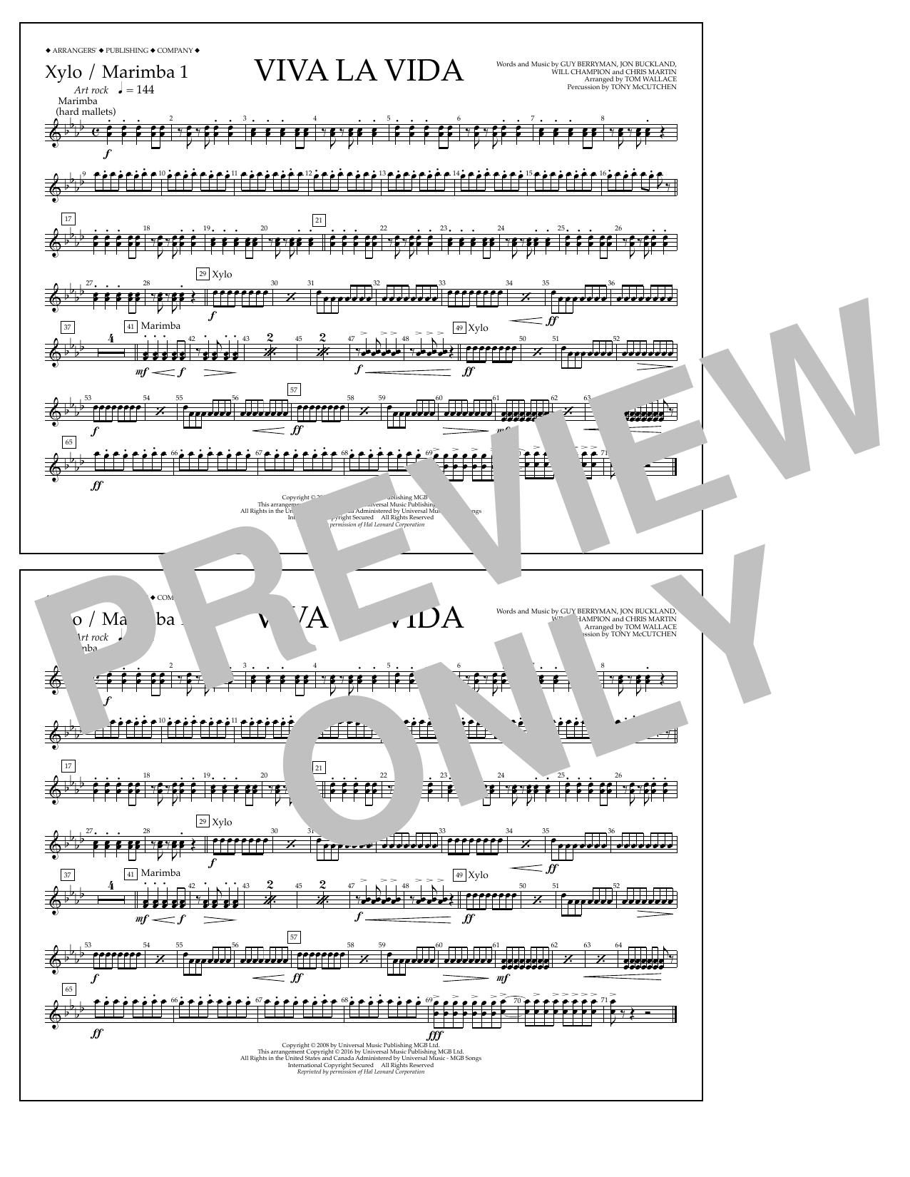 Download Tom Wallace Viva La Vida - Xylo./Marimba 1 Sheet Music