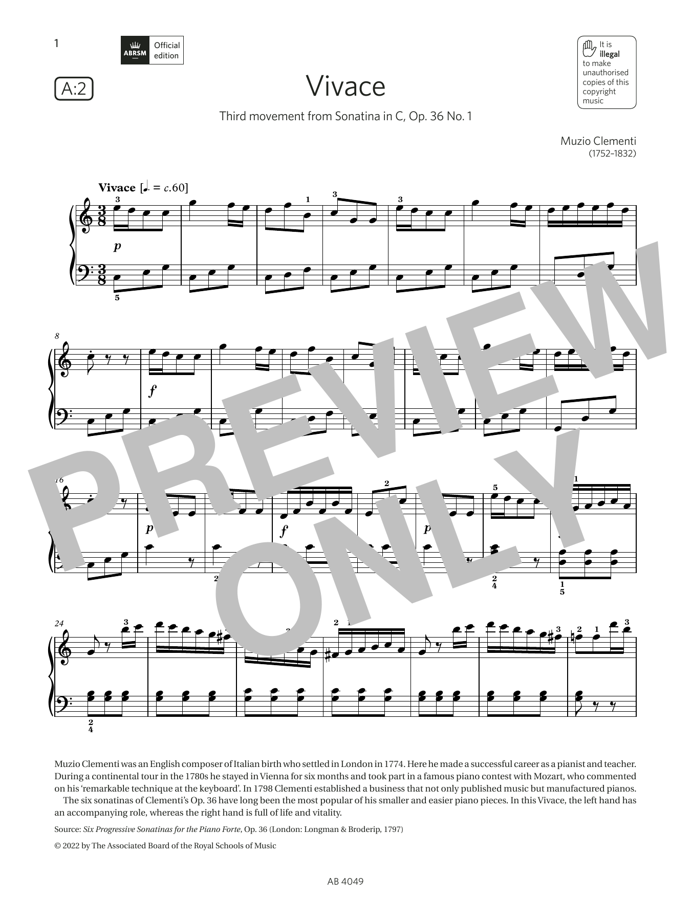 Download Muzio Clementi Vivace (Grade 3, list A2, from the ABRS Sheet Music