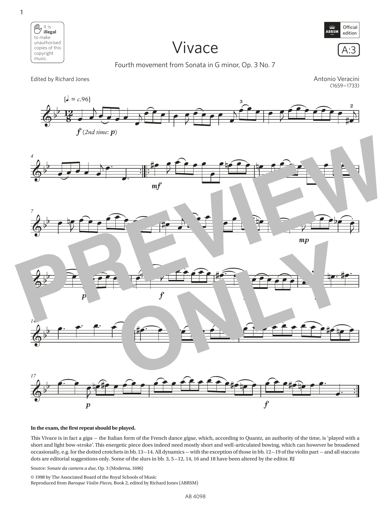 Download Antonio Veracini Vivace (Grade 4, A3, from the ABRSM Vio Sheet Music