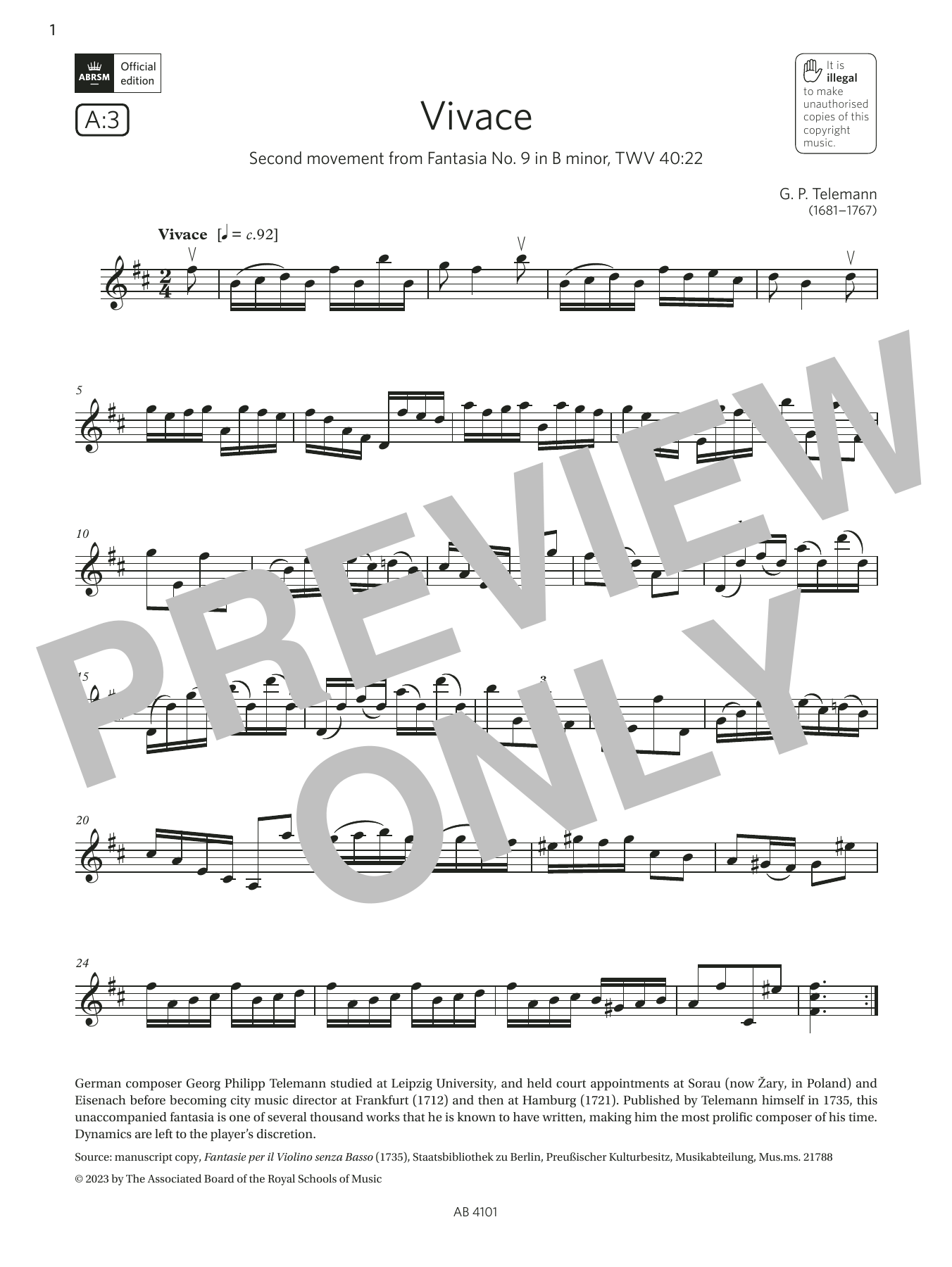 Download G. P. Telemann Vivace (Grade 7, A3, from the ABRSM Vio Sheet Music