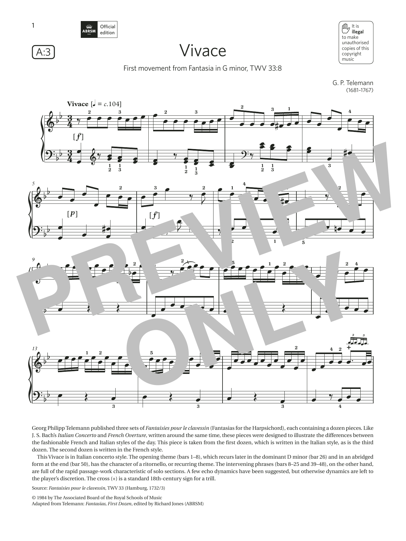 Download G. P. Telemann Vivace (Grade 7, list A3, from the ABRS Sheet Music