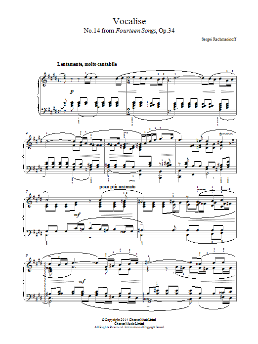 Download Sergei Rachmaninoff Vocalise (No.14 from Fourteen Songs, Op Sheet Music