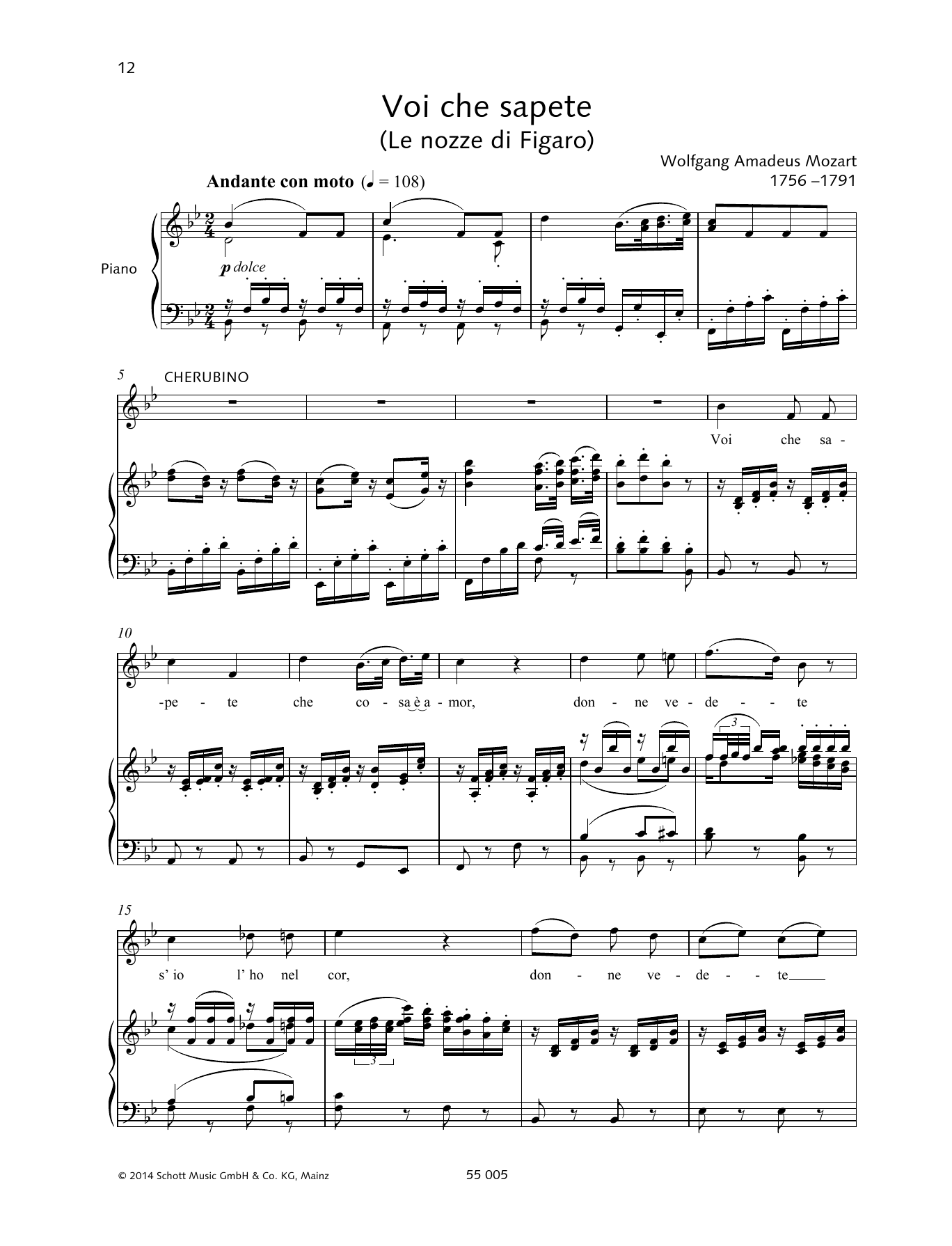 Download Wolfgang Amadeus Mozart Voi Che Sapete Sheet Music