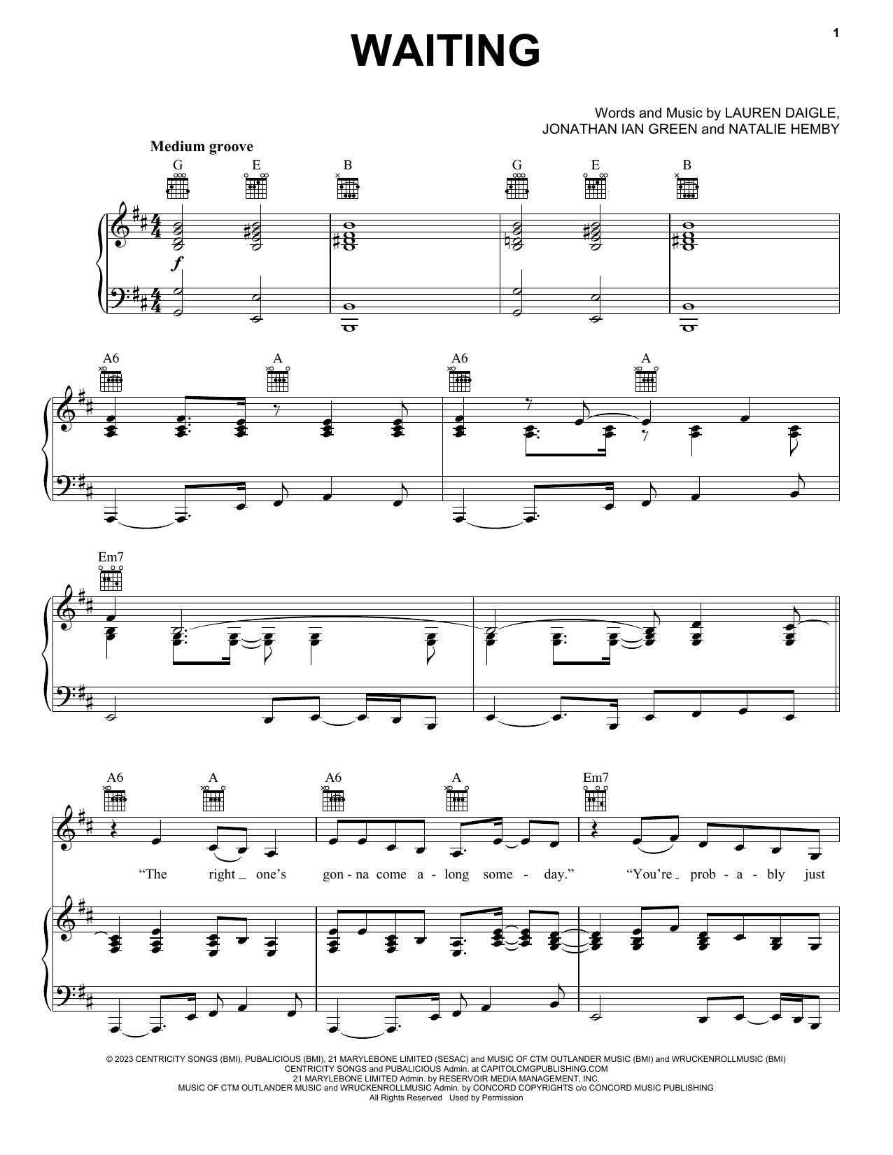 Lauren Daigle Waiting sheet music notes printable PDF score