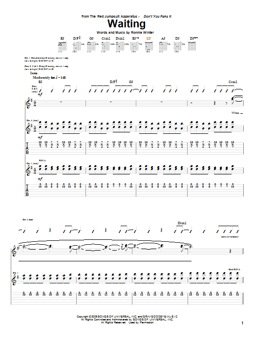 Download The Red Jumpsuit Apparatus Waiting Sheet Music