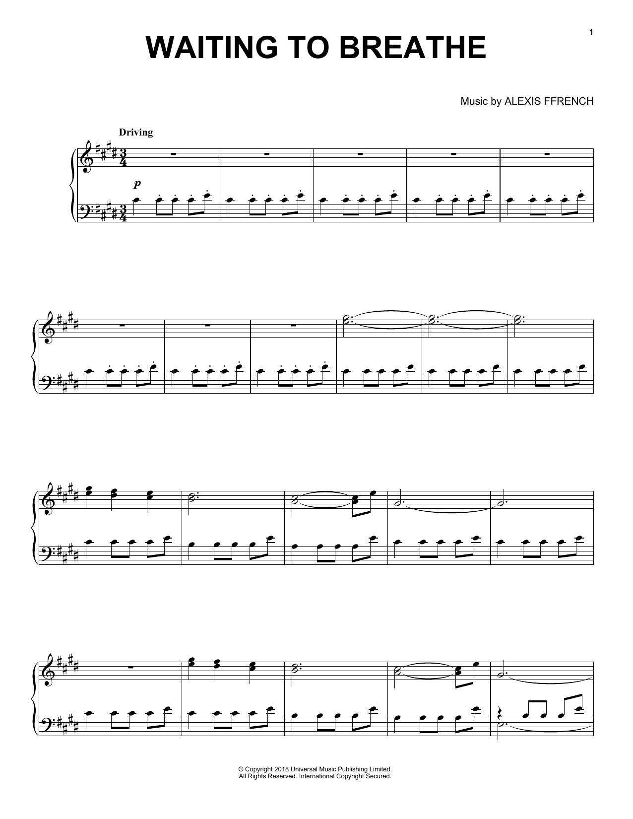 Download Alexis Ffrench Waiting To Breathe Sheet Music