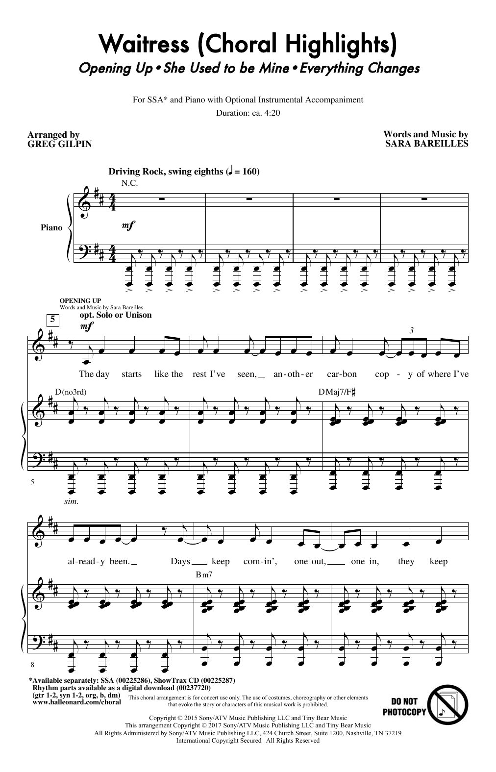 Download Sara Bareilles Waitress (Choral Highlights) (arr. Greg Sheet Music