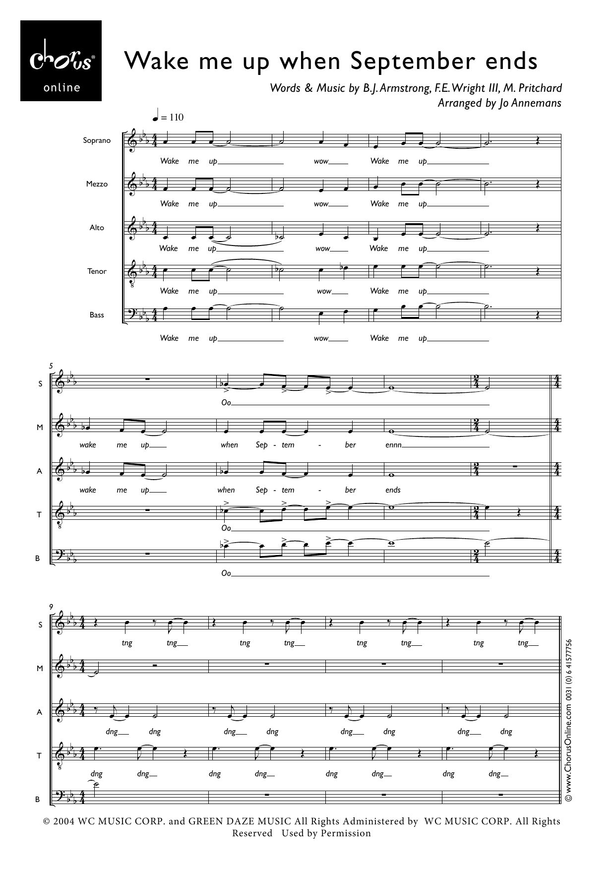Green Day Wake Me Up When September Ends (arr. Jo Annemans) sheet music notes printable PDF score