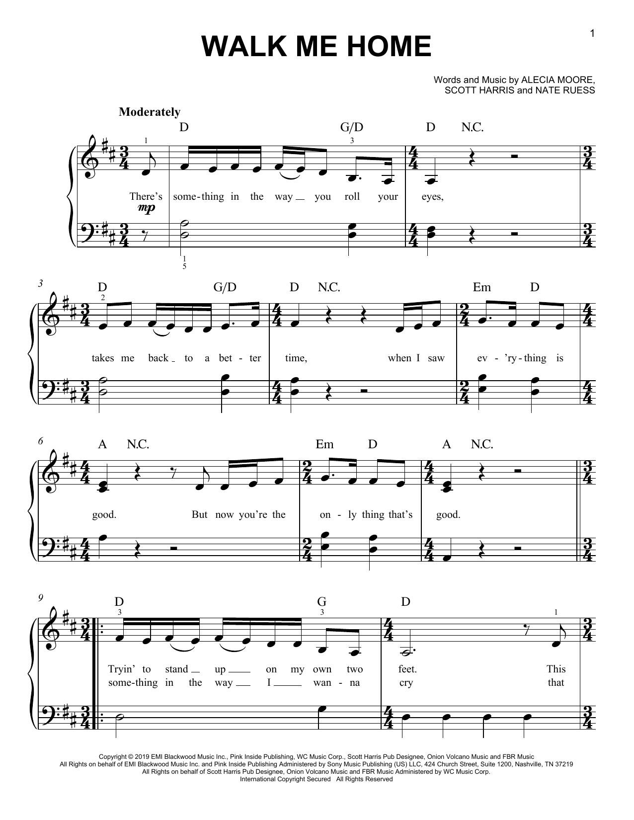 P!nk Walk Me Home sheet music notes printable PDF score