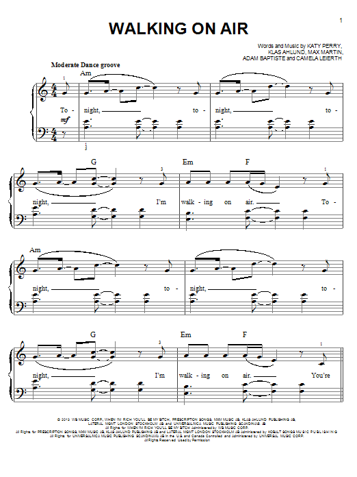 Download Katy Perry Walking On Air Sheet Music