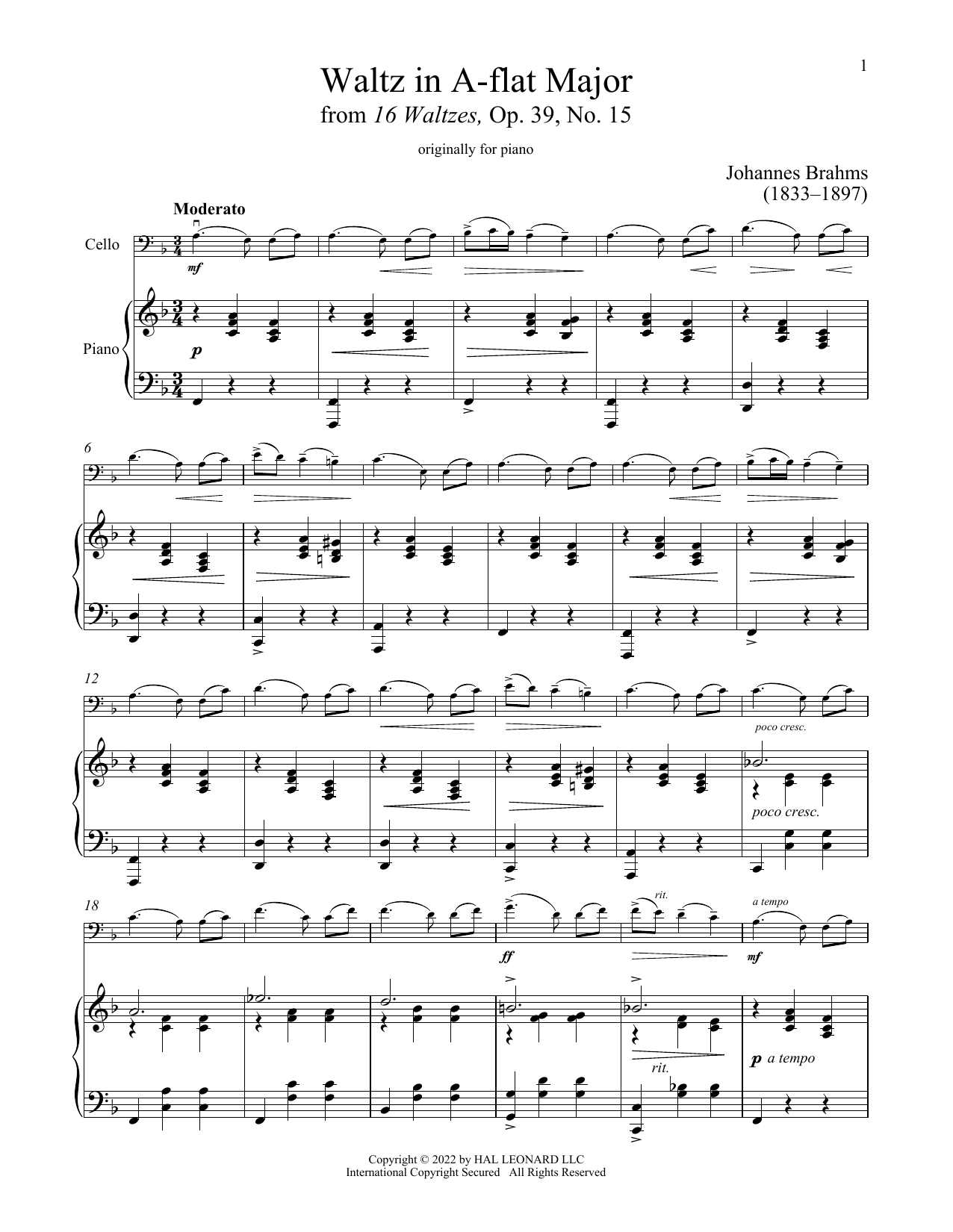 Download Johannes Brahms Waltz In A-Flat Major, Op. 39, No. 15 Sheet Music