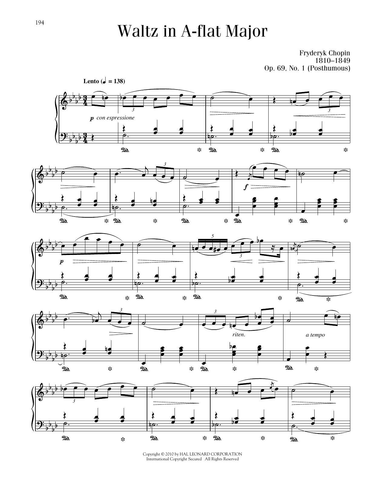 Frédéric Chopin Waltz In A-Flat Major, Op. 69, No. 1 sheet music notes printable PDF score