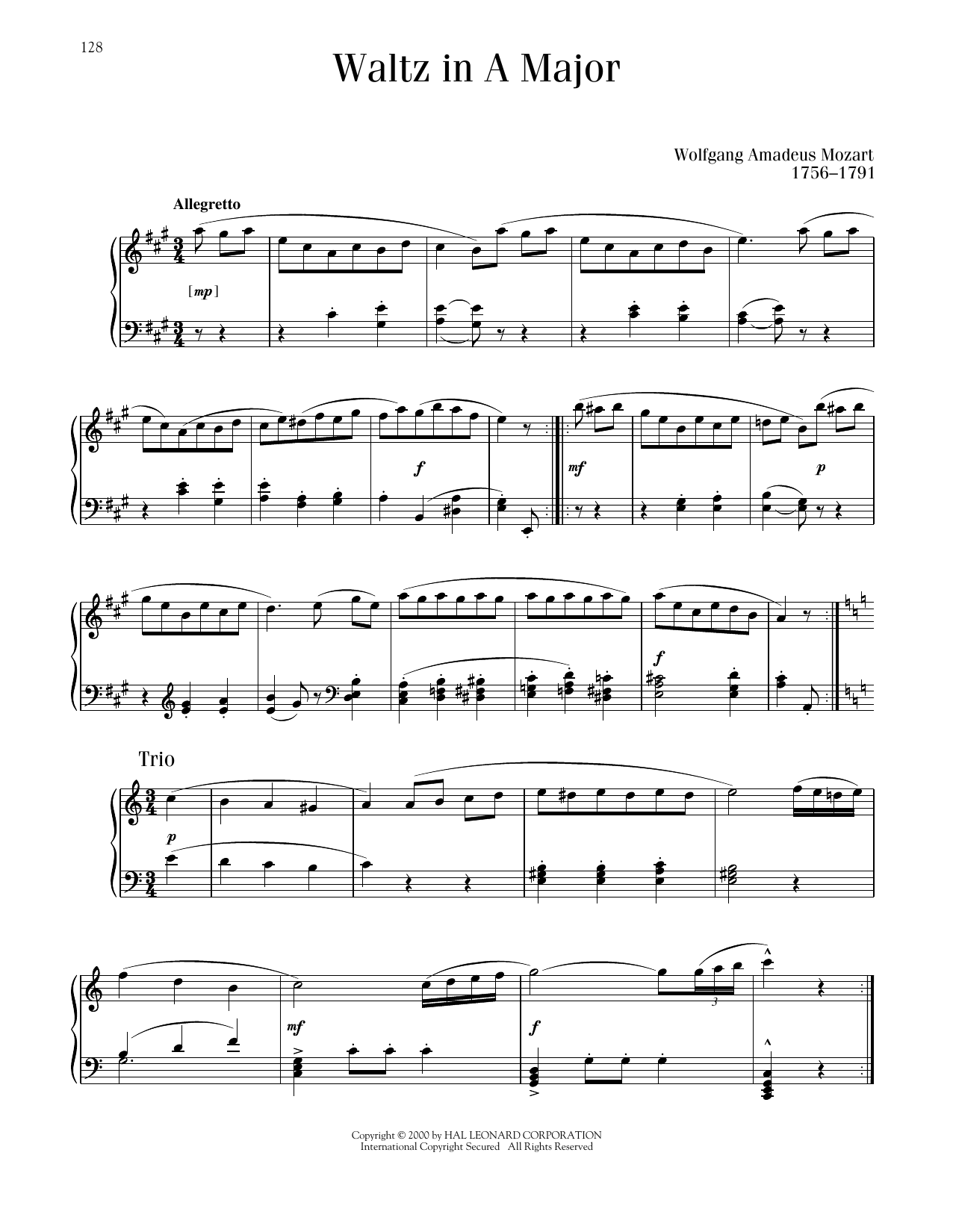 Wolfgang Amadeus Mozart Waltz In A Major sheet music notes printable PDF score