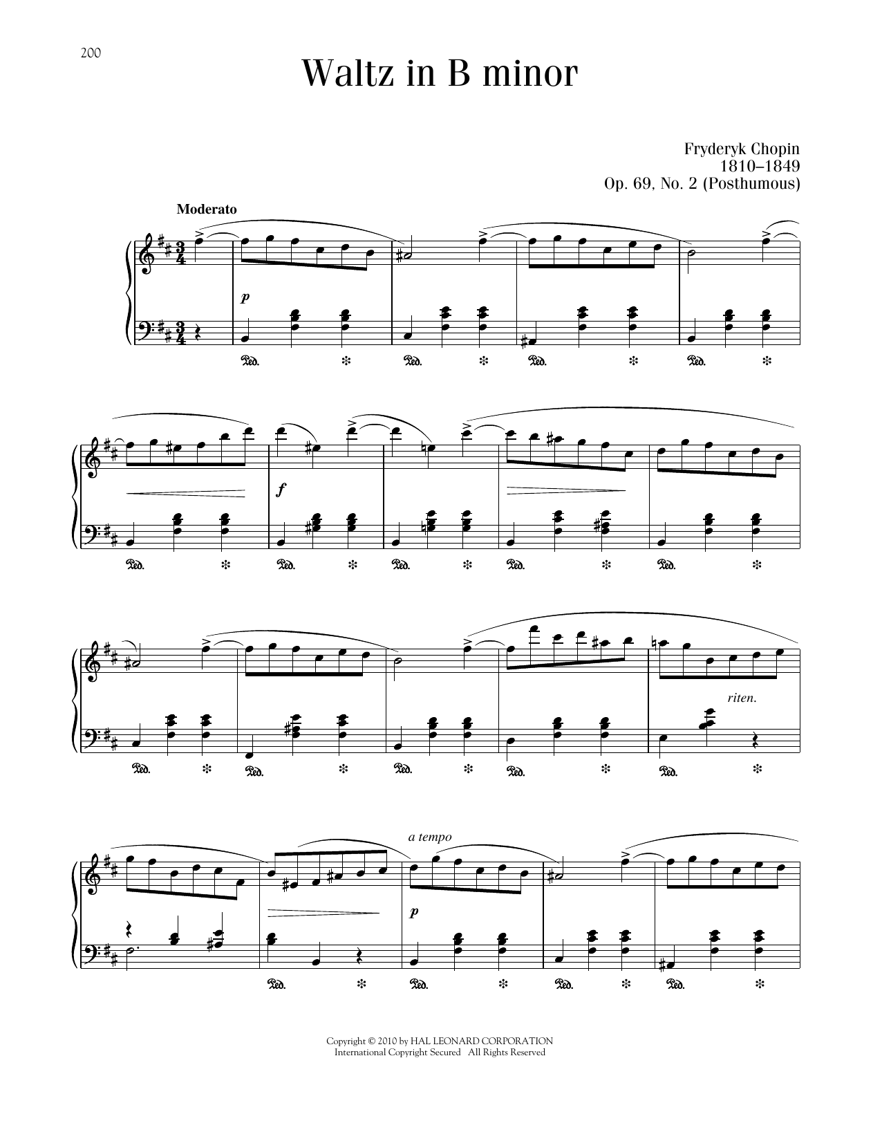 Frederic Chopin Waltz In B Minor, Op. 69, No. 2 sheet music notes printable PDF score