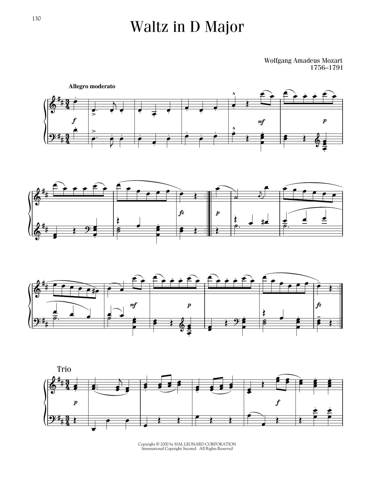 Wolfgang Amadeus Mozart Waltz In D Major sheet music notes printable PDF score