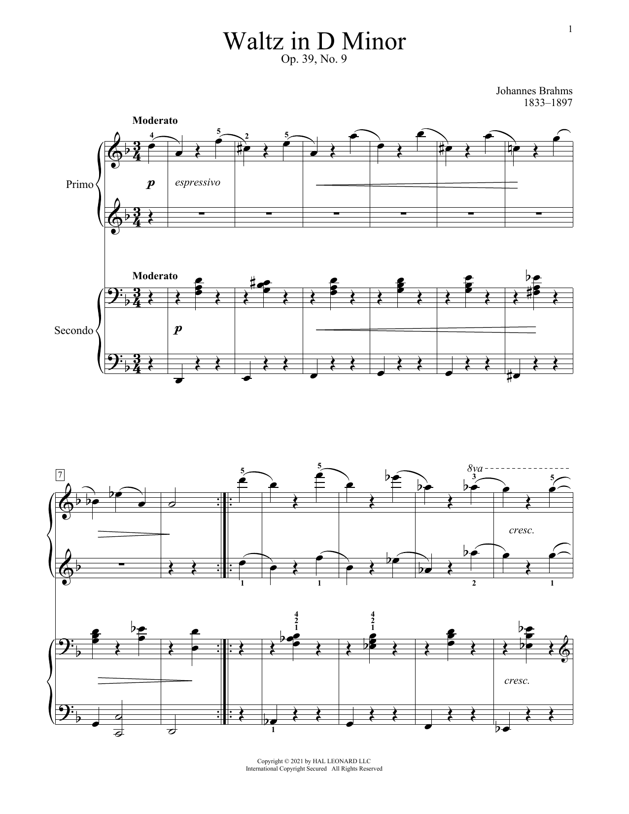 Download Johannes Brahms Waltz In D Minor, Op. 39, No. 9 Sheet Music