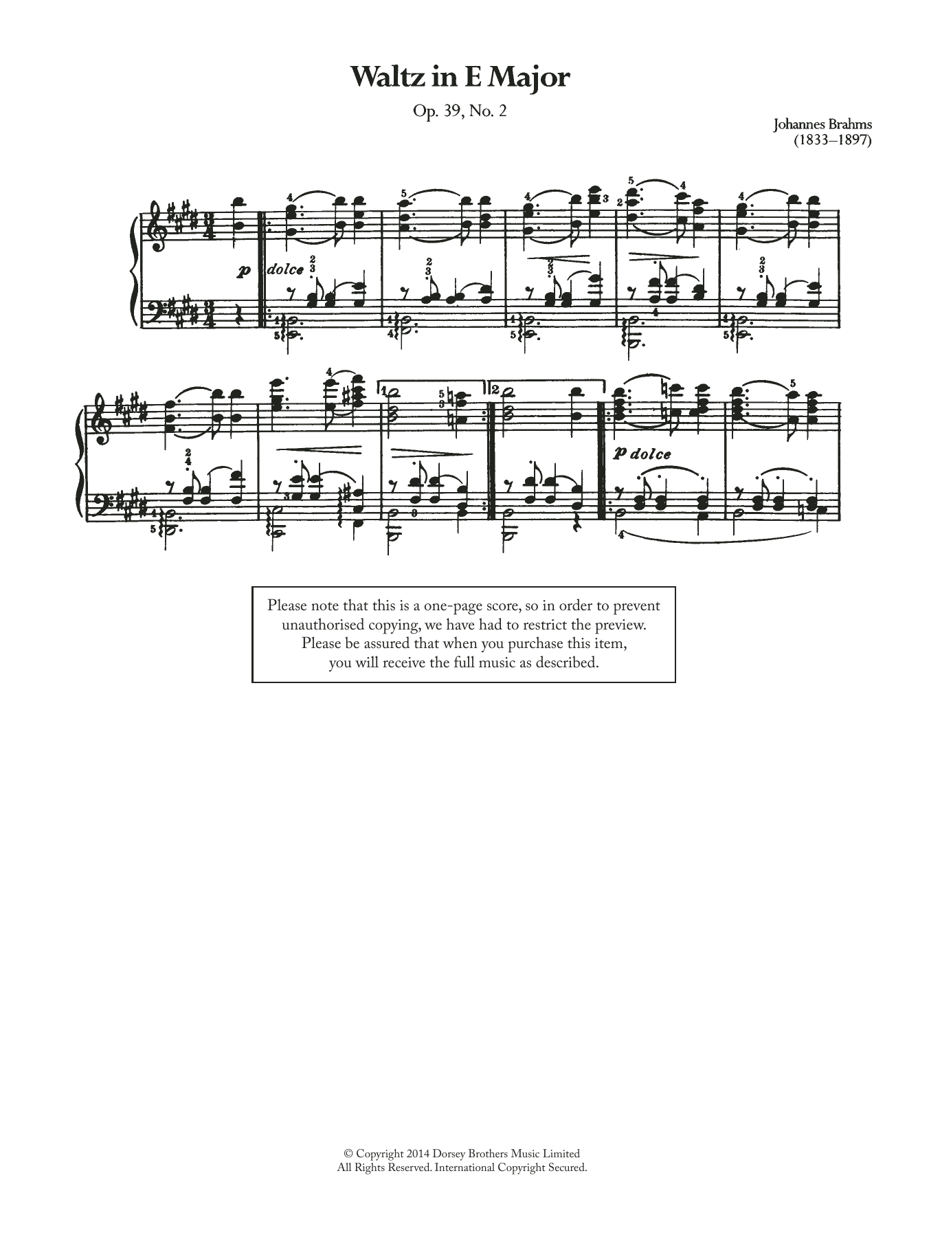 Download Johannes Brahms Waltz In E Major, Op.39 No.2 Sheet Music