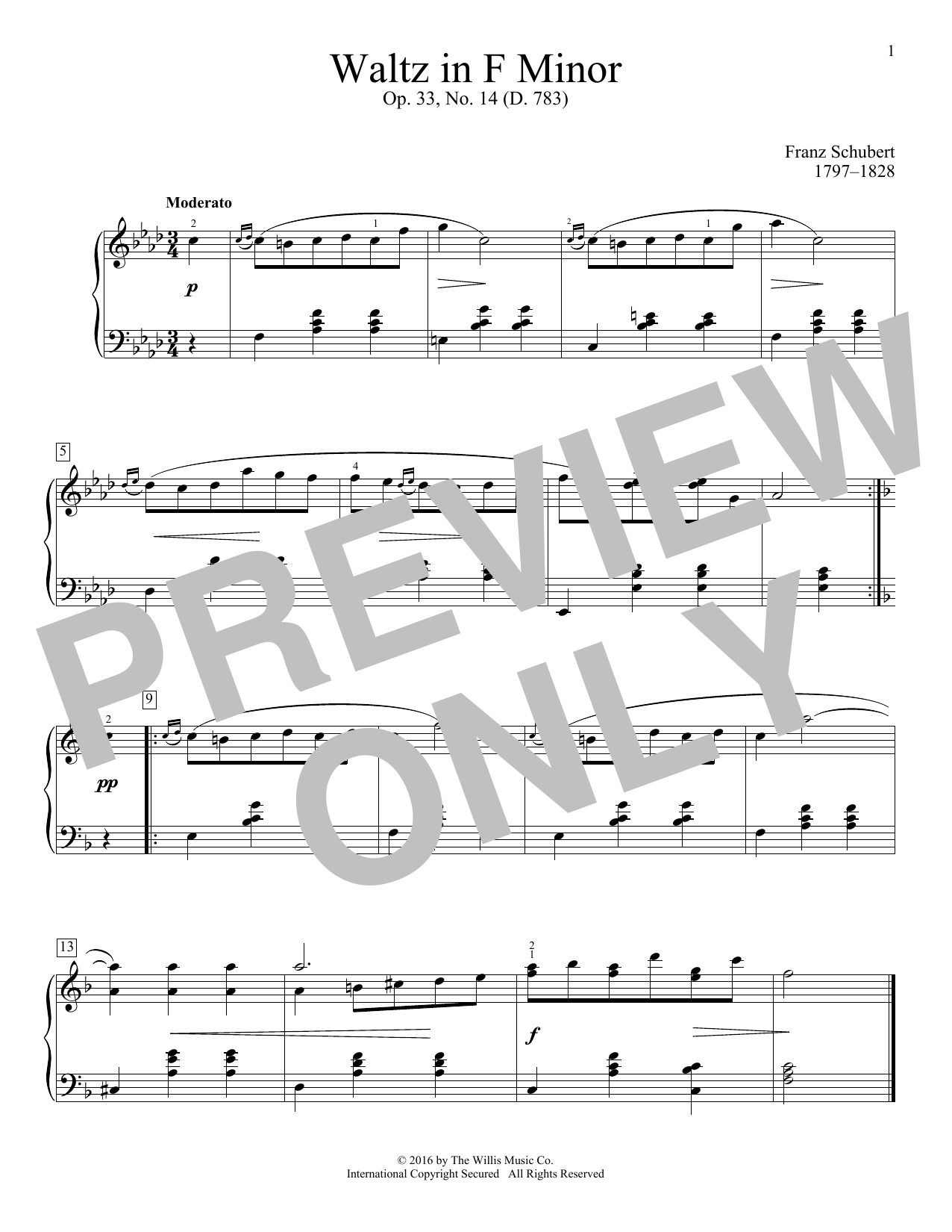 Download Franz Schubert Waltz In F Minor, Op. 33, No. 14 (D. 78 Sheet Music
