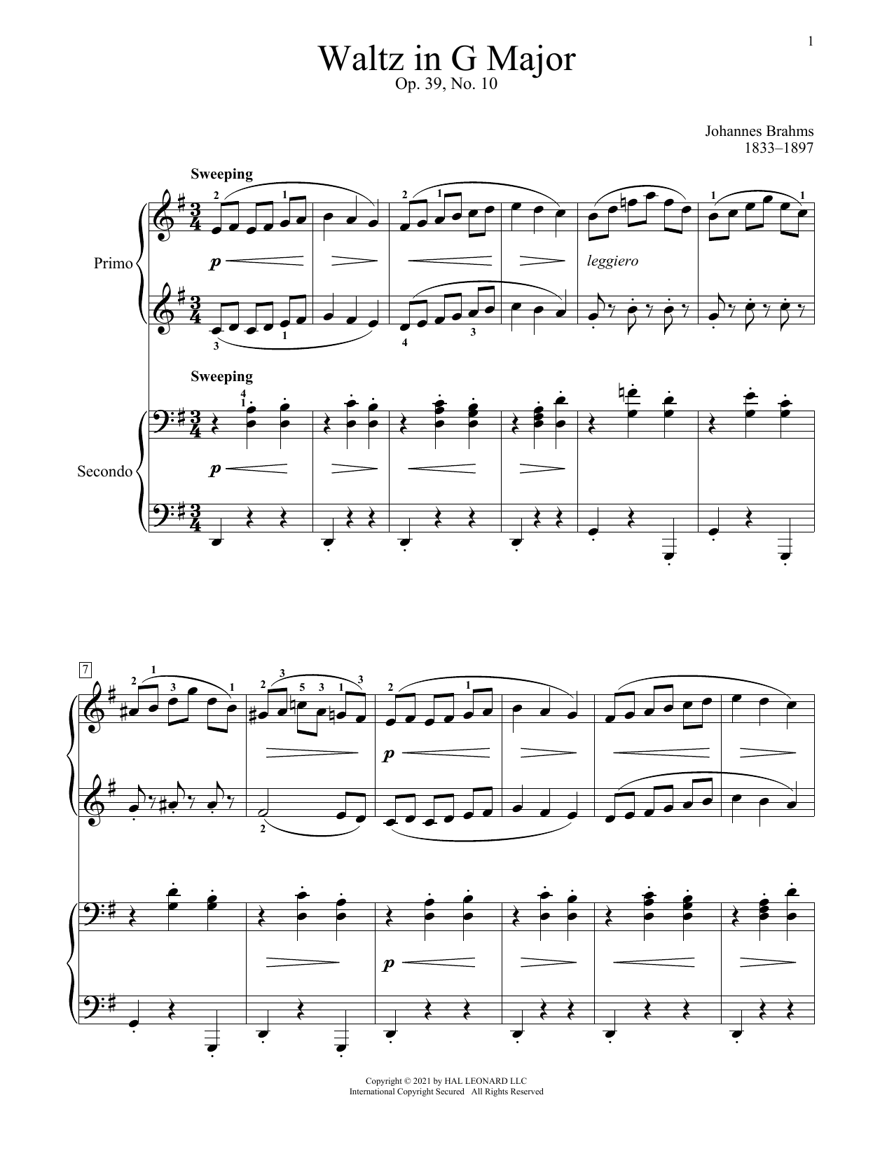 Download Johannes Brahms Waltz In G Major, Op. 39, No. 10 Sheet Music