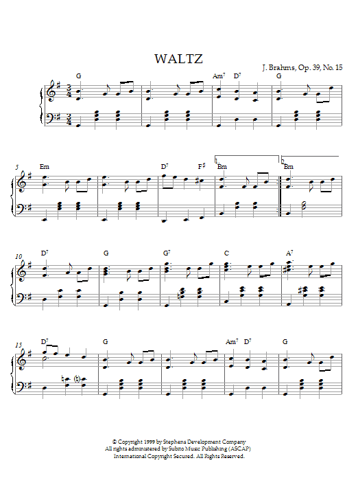 Download Johannes Brahms Waltz In G Major, Op. 39, No. 15 Sheet Music