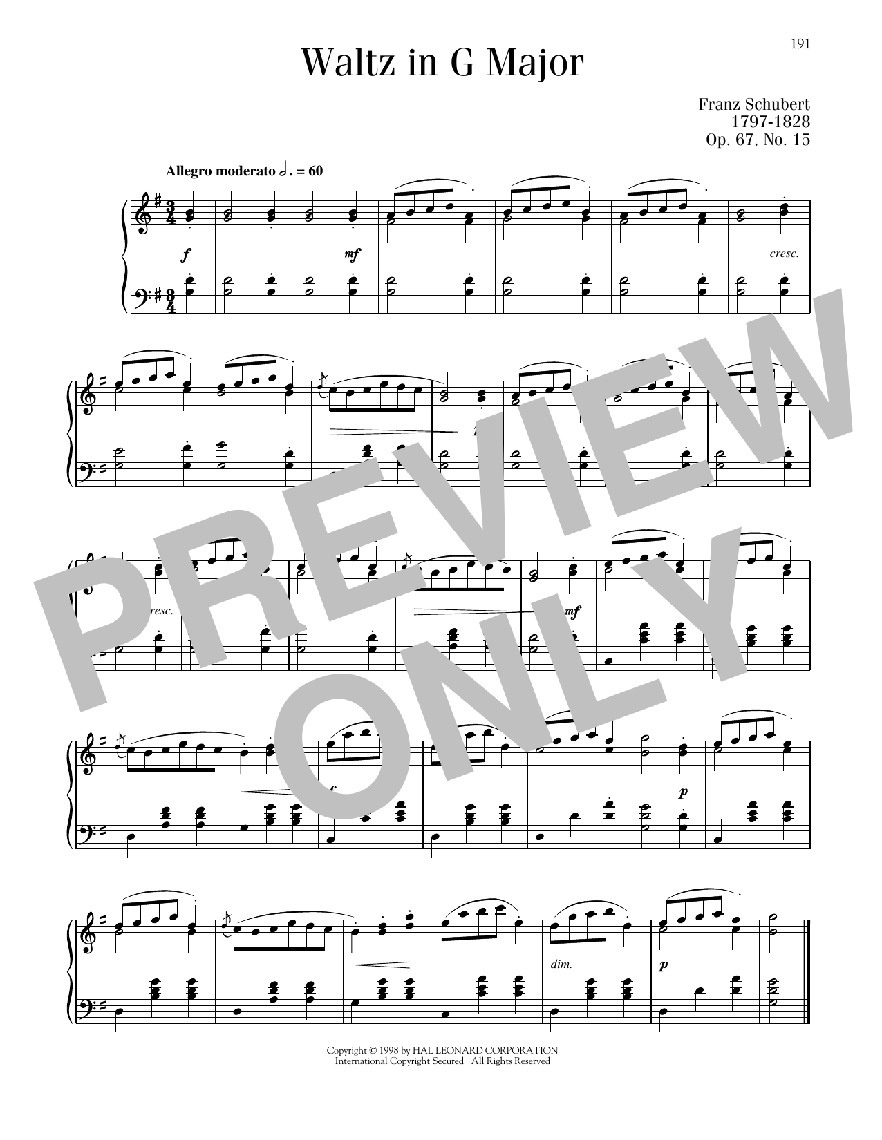 Franz Schubert Waltz In G Major, Op. 67, No. 15 sheet music notes printable PDF score
