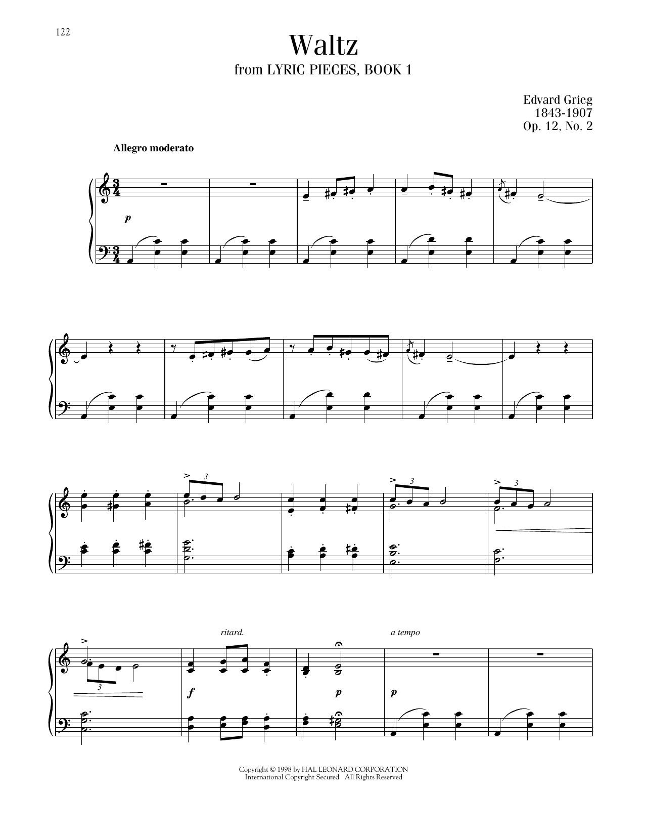 Edvard Grieg Waltz, Op. 12, No. 2 sheet music notes printable PDF score
