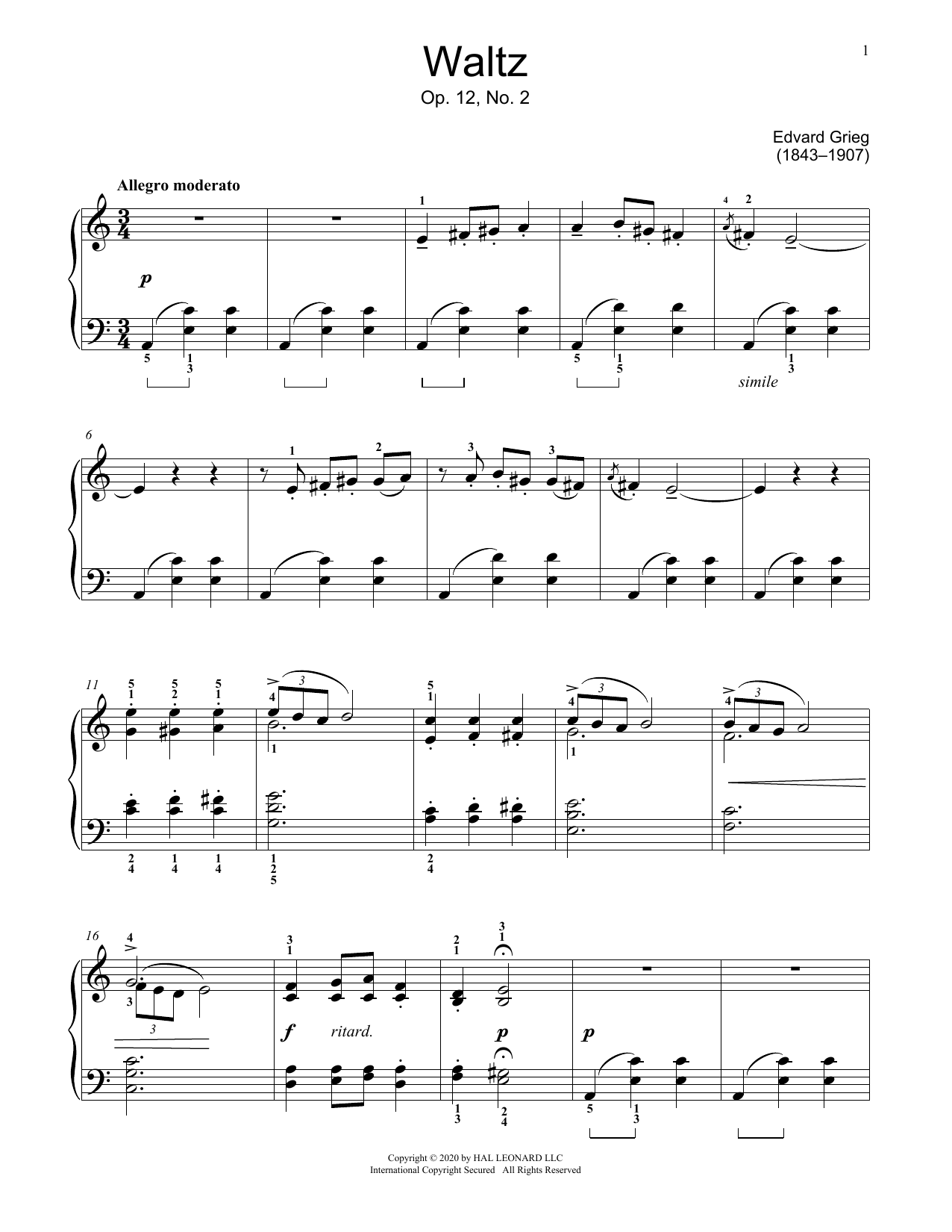 Download Edvard Grieg Waltz, Op. 12, No. 2 Sheet Music
